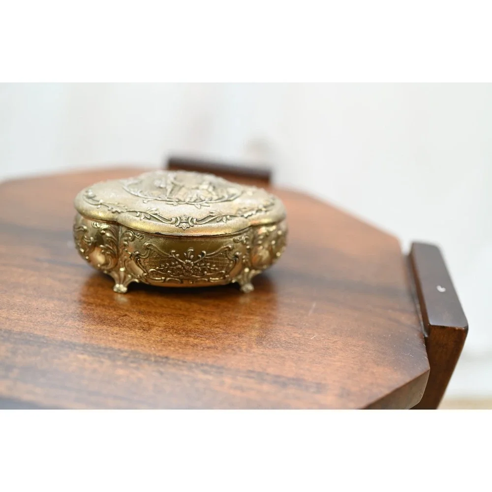 Vintage Metal Jewelry Box Red Velvet Lined Courting Couple Stamped Japan Gold